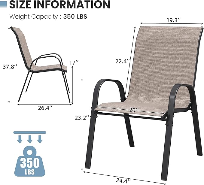 Patio Dining Chairs Set of 2, Outdoor Stackable Chairs, Breathable Seat and Alloy Steel Frame Fit for Backyard,Garden,Porch, Lawn，Poolside (Light Brown) VonzoyHome