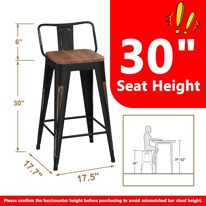 WENTMENT Bar Stools Set of 4 Counter Height Bar Stools Metal Barstools with Removable Back 30" Kitchen Bar Stools with Wooden Seat, Distressed Black WENTMENT