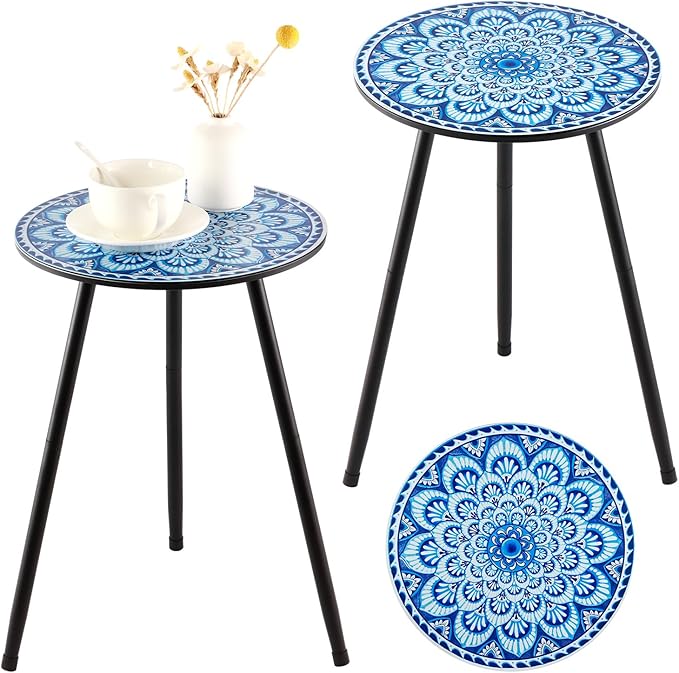 2 Packs Metal Mosaic Round Side Tables 13.4" Small Outdoor Patio Round Accent Coffee Tables Indoor Corner Stand for Small Spaces Weather-Resistant for Balcony, Porch Plant Stands Indoor, Blue Mosaic PartyZealot