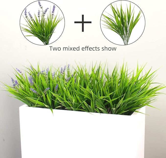 alyptus 12 Bundles Artificial Plants Outdoor Fake Monkey Grass with Flowers for Pot UV Resistant Plant Decor for Window Garden Patio Hanging Planter Pathway Front Porch (Grass with Flowers) ALYPTUS