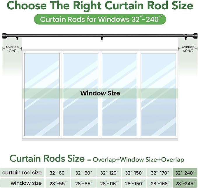 Time Forest Curtain Rods for Windows 32 to 240, 1 Inch Adjustable Black Heavy Duty Long Window Outdoor Curtain Rod for Patio, Modern Drapery Rods with Simple End Caps, Size 32"-240" TimeForest