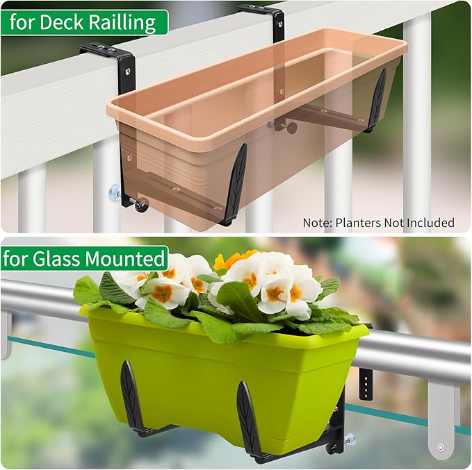 Window Box Brackets, Adjustable Planter Box Brackets, Heavy Duty Iron Flower Box Bracket for Deck Railing with Upgraded Bottom Support - Ideal for Balconies, Fences, and Gardens (4 Pack) VOXOR
