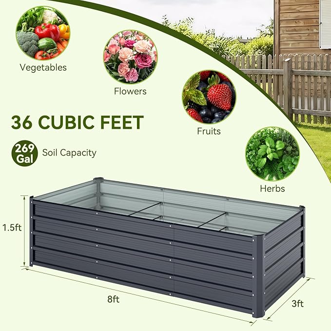 Ohuhu 8x3x1.5FT Metal Raised Garden Bed Outdoor, Reinforced Galvanized Steel Rustproof Planter Box, 100% Non-Toxic, 269 Gal Large Capacity Heavy Duty Raised Beds for Vegetables Flowers Herbs 2-Pack Ohuhu
