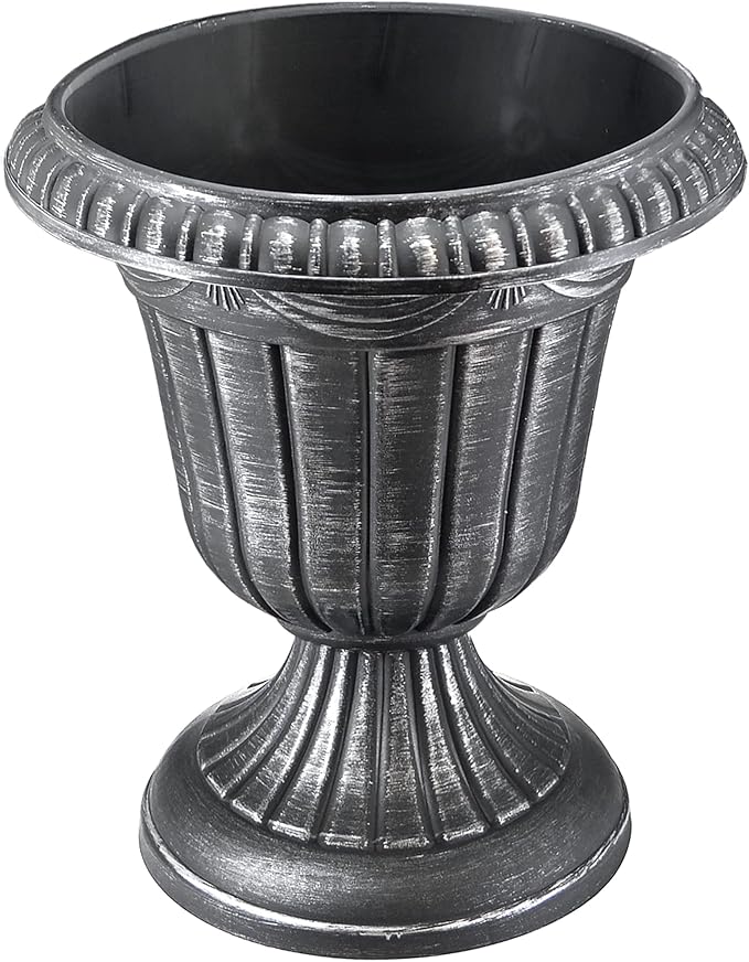 Arcadia Garden Products PL10SL Classic Traditional Plastic Urn Planter Indoor/Outdoor, 15" x 13", Brushed Silver Rootora