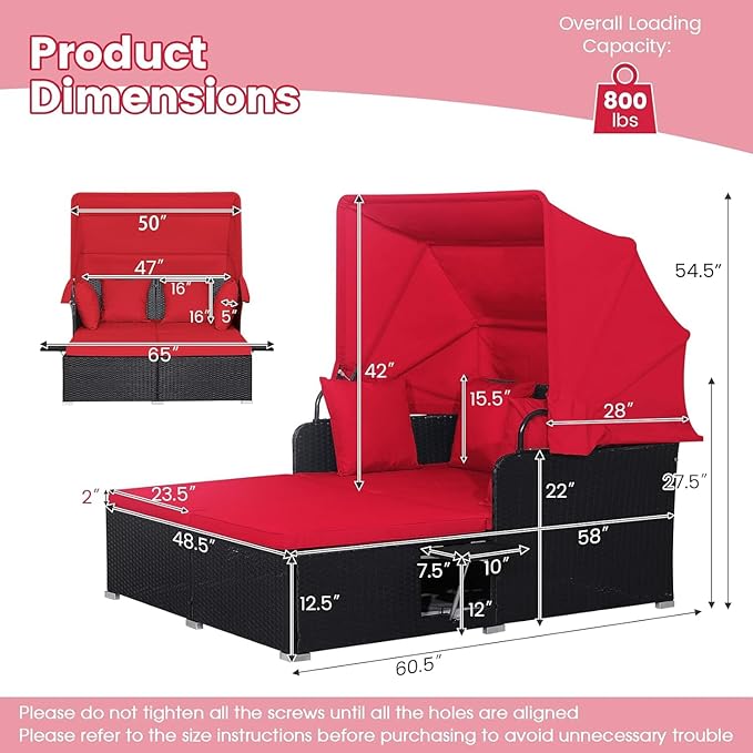 COSTWAY Outdoor Daybed with Retractable Canopy, Wicker Patio Furniture Set with Cushioned Pillows, Patio Rattan Daybed for Deck, Backyard, Poolside (Red) COSTWAY