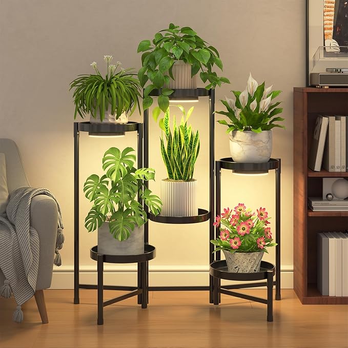 iDavosic.ly Plant Stand Indoor with Grow Light, 6 Tier Corner Metal Flower Display Holder Shelf, Easy Assembly Folding Tall Orchid Rack for Patio Balcony Porch Garden Living Room House, Black iDavosicly