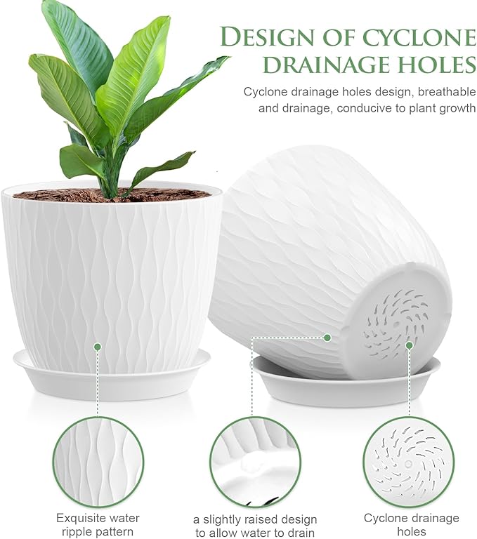7 inch Plant Pots, 5 Pack Flower Pots with Drainage Holes and Saucers for Indoor Plants, Plastic Planters with Water Ripple for Small Garden House Plants, Nursery Pots for Succulent, White WSMKSZ