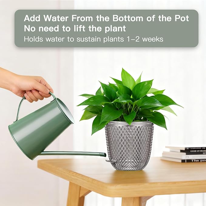QCQHDU 2 Pack Self Watering Pots, 7.2 Inch Flower Pots with Drainage Holes and Water Filling Port, Garden Planter for Indoor Outdoor Plants (Gray) QCQHDU
