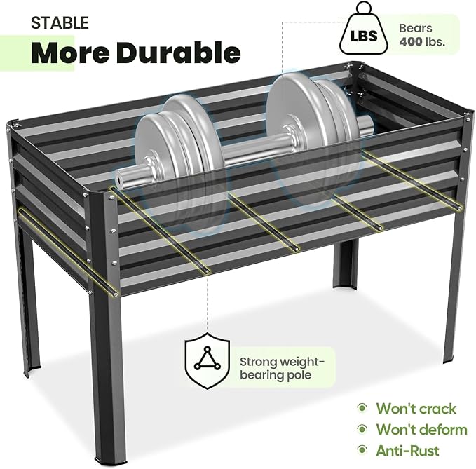 KING BIRD Raised Garden Bed with Irrigation System and Legs Galvanized Elevated Planter Box 48×24×31.5 in for Backyard, Patio, Balcony, 400lb Capacity, Dark Grey KINGBIRD
