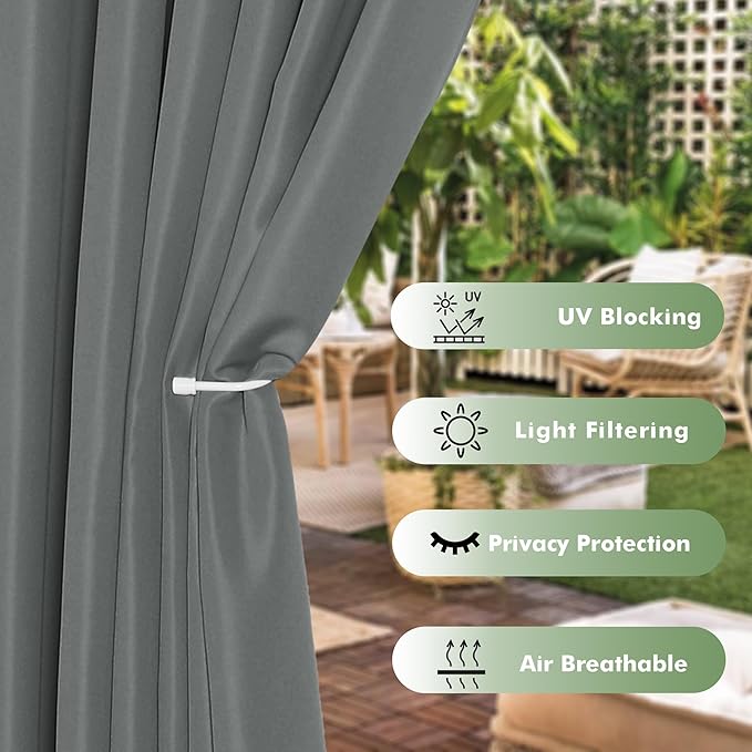 HolidayIdeas Outdoor Curtains for Patio Waterproof, 8 Panels - 54x84 Inches - Weatherproof Privacy Outsides Curtains for Cabana Porch Pergola, Sunlight & UV Blocking (Grey, Grommet Top) HolidayIdeas