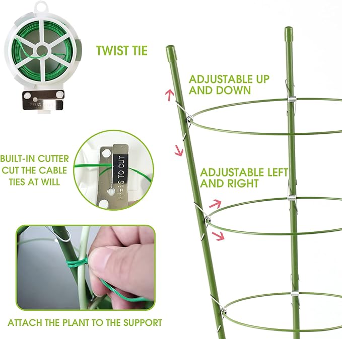 Kgozwon 4 Pack Tomato Cage Plant Support Cages for Garden, 24 inches Trellis for Climbing Plants, Upgrade Garden Plant Stakes with Adjustable Ring, Tomato Rings for Support, with Twist Tie Kgozwon