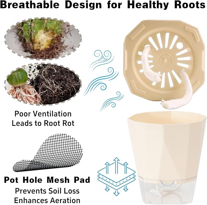 4 Packs Self Watering Plant Pots, Plastic Flower Pots with Drainage Hole and Saucer, Self Watering Planters for Indoor Outdoor Garden Plants, African Violet, Herbs (White, 5") Rootora