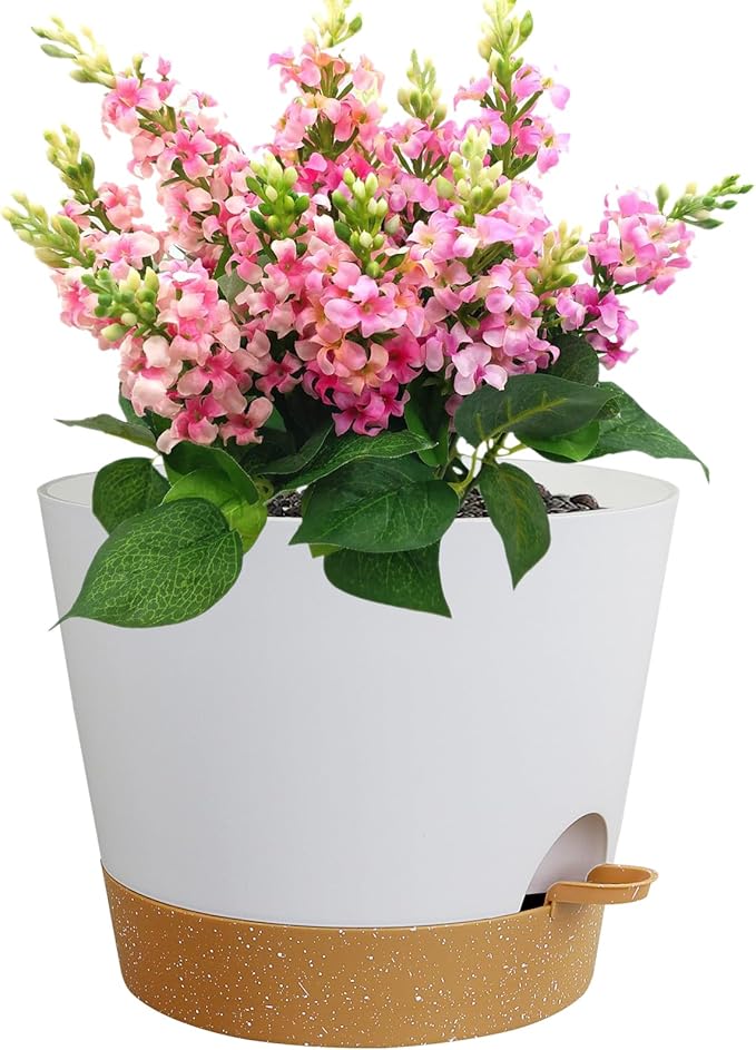 12 inch Large Self Watering Pots for Indoor Outdoor Plants, Flower Plant Pots with Drainage Holes for Garden House Plants, Plastic Planters with Reservoir for Home, White with Brown Meowell