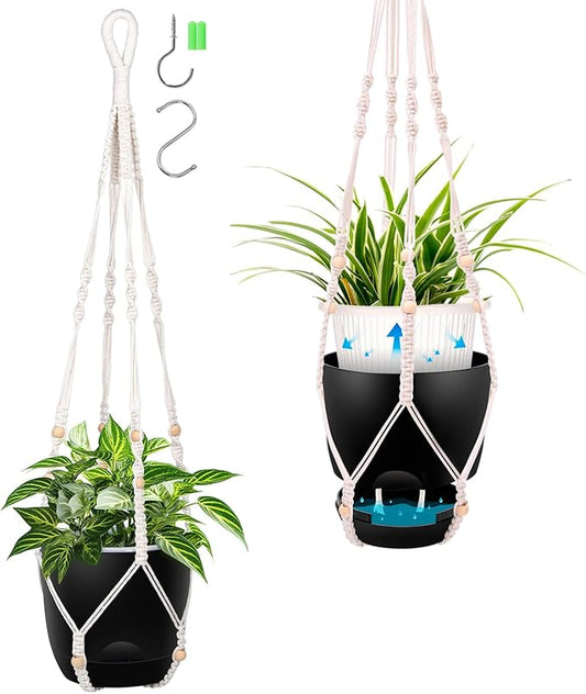 2-Pack 7.1-Inch Self-Watering Hanging Planters for Indoor & Outdoor Plants,34Inch Macrame Hanger Plant Pots Indoor with Drainage,Small Hanging Planters & Baskets,With Two Sets of Hooks（Pure black） QCQHDU