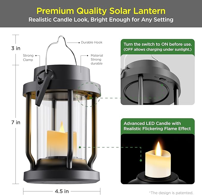 Solar Lantern Outdoor & Indoor Use – Hanging Solar Lights with Realistic Flickering Flameless Candle, Weatherproof for Gardens, Patios, Trees, and Lawns (Black, 4 Pack) Rootora