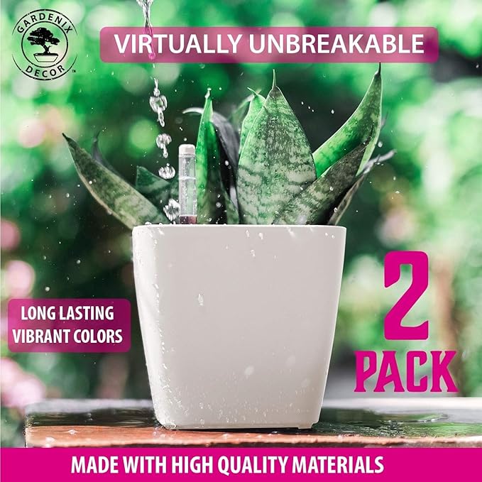 GARDENIX DECOR 5" Self Watering pots for Indoor Plants - Flower Pot with Water Level Indicator for Plants, Grow Tracking Tool - Self Watering Planter Plant Pot – 2 Pack White Rootora