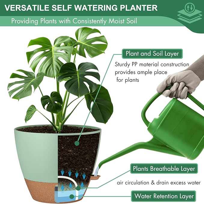 montresor 2 Pack 8 inch Plant Pots, PP Plastic Self Watering Plant Pot with Drainage and Tray for Indoor Outdoor Plants, Water Level Window & Reservoir Flower Pots Decorative Planter (Green) Montresor