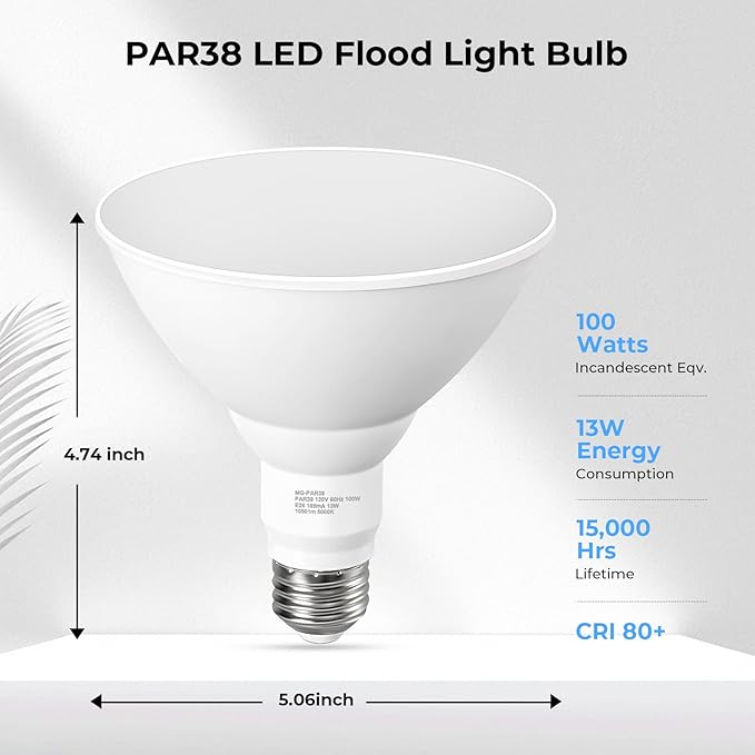 LED Flood Light Bulbs, PAR38 Outdoor Flood Light Bulb 5000K,13W 100W Equivalent, Daylight White LED Floodlight Dimmable, Waterproof for Porch Yard Garage, E26 Base, 15,000 Hrs, 2 Pack GvvooHome