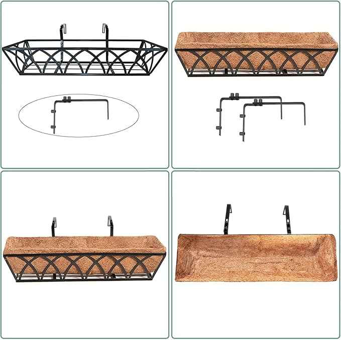 HFHOME 4 Pcs 30" Window Box Deck Railing Planter with Horse Trough Coco Liners, Black Metal Hanging Flower Planters Baskets for Indoor, Outdoor, Balcony, Porch, Fence, Patio, and Lawn HFHOME