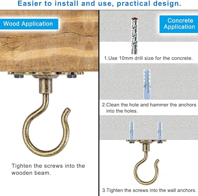 Dolibest Wall Mount Ceiling Hooks,Plant Hooks for Ceiling Metal Plant Bracket Iron Wall Mount Lanterns Hangers Hooks for Hanging Plants Lights, Outdoor Wire, Fairy Lights, Wind Chimes, Bronze(4PCS) Dolibest