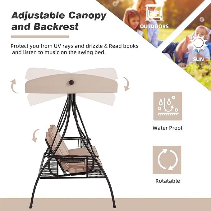 HOMREST 3 Seat Outdoor Porch Swing with 1.5" Deepened Cup Holder, Adjustable Canopy, Patio Swing Bed with Stand, Patio Glider Swing with Thicken Cushions, Pillow for Yard, Garden(Khaki) HOMREST