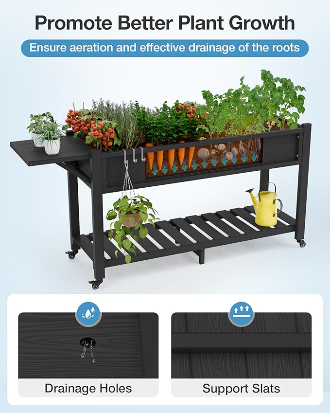 YEFU Raised Garden Bed with Legs: 57x18x30in Elevated Poly Planter with Wheels,Waterproof Mobile Raised Bed Garden, Elevated Planter Box Stand with Storage Shelf,For Deck,Patio,Porch,Yard (Black,2pcs) YEFU