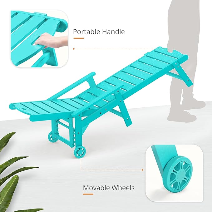 LUE BONA Outdoor Chaise Lounge Chairs Set of 4, 79'' Oversized HDPS Chaise Lounger, 5 Positions Adjustable Lounge Chairs, Pool Lounge Chair with Wheels for Poolside, 3 Year Warranty, Aruba Blue LUEBONA