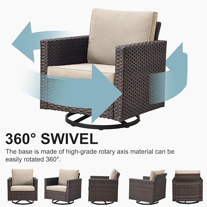 Belord Outdoor Bistro Set 3 Piece Wicker Swivel Rocker Patio Chairs, Oversize Outdoor Rattan Seating Set, Patio Swivel Glider Chairs Wicker Furniture with Metal Side Table for Porch Backyard, Brown Belord