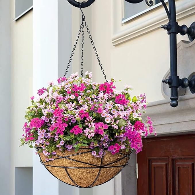 2 Pack 14 Inch Hanging Flower Baskets for Outdoor Plants Large Metal Wire Planters with Coco Liner Pot for Home Planting Round Watering Plant Holders for Outside Garden KarlliuHOMEGARDEN