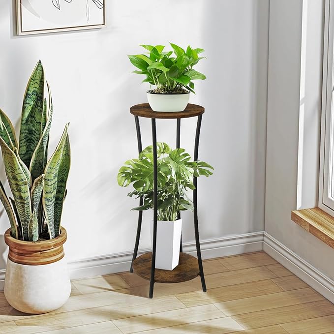 YINMIT Plant Stand Indoor,2 Tier Round Potted Holder Rack,Flower Pot Stand Shelf,Round Supports Rack,Corner Plant Shelf for Balcony Garden Patio Living Room,Brown YINMIT
