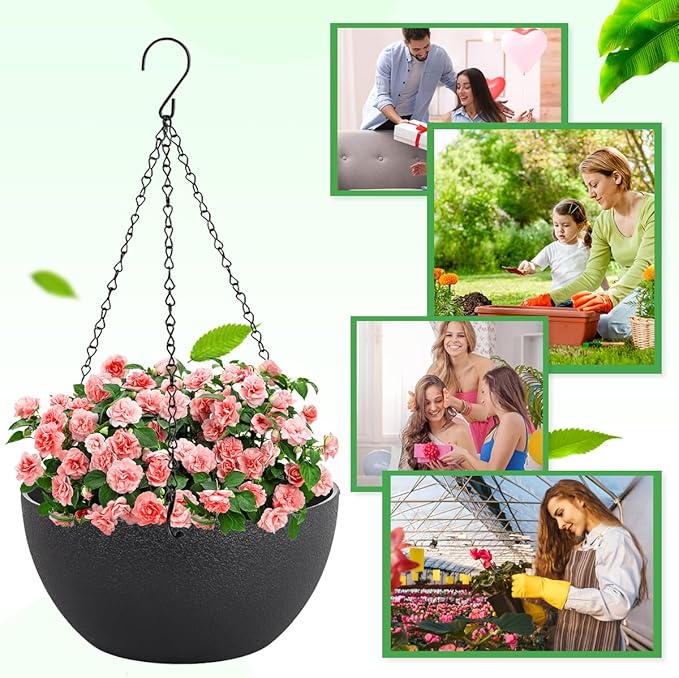 13 inch Hanging Planters for Indoor Plants, 2 Pack Planters for Outdoor Plants with Drainage Holes and Chain, Round Plastic Hanging Baskets, Hanging Flower Pots for Balcony Garden Decor-Black HIGSEEU