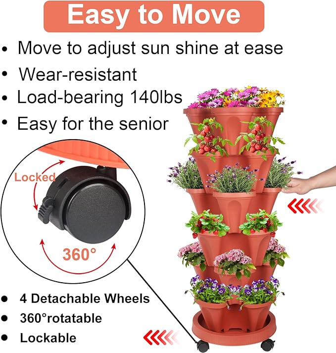 DUNCHATY Stackable Planters 6 Tier Vertical Garden Planting Tower Planters Strawberry, Herb, Flower, and Vegetable Planter Indoor Outdoor Gardening Pots with Removable Wheels and Tools DUNCHATY