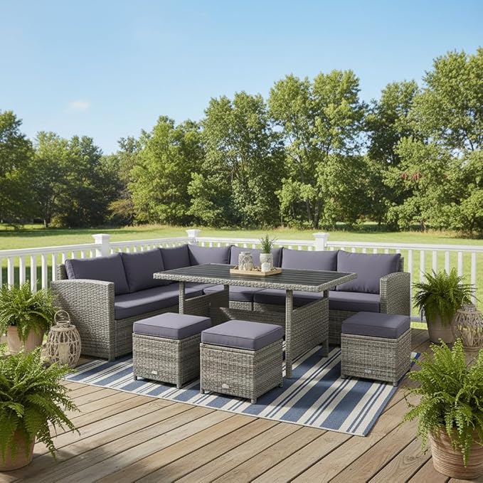 Tangkula 7 Pieces Patio Furniture Set, Outdoor Sectional Rattan Dining Sofa Set with Cushions, All Weather Wicker Conversation Couch Set with Dining Table & Ottomans for Yard Garden Poolside, Grey TANGKULA
