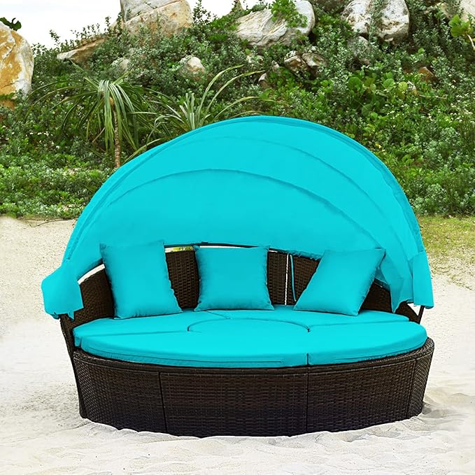 Tangkula Patio Round Daybed with Retractable Canopy, Outdoor Wicker Rattan Furniture Sets, Sectional Cushioned Sofa Set w/Height Adjustable Coffee Table, Rattan Conversation Sets (Turquoise) TANGKULA