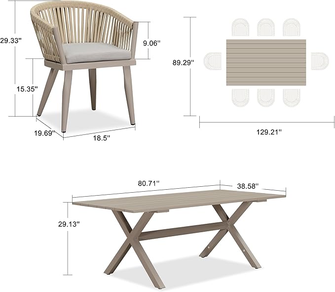 PURPLE LEAF 9 Pieces Outdoor Dining Set with Patio Aluminium Dining Table and Wicker Rattan Chairs Modern Furniture Cushions Sets for Backyard Indoor Decor Kitchen Champagne PURPLELEAF