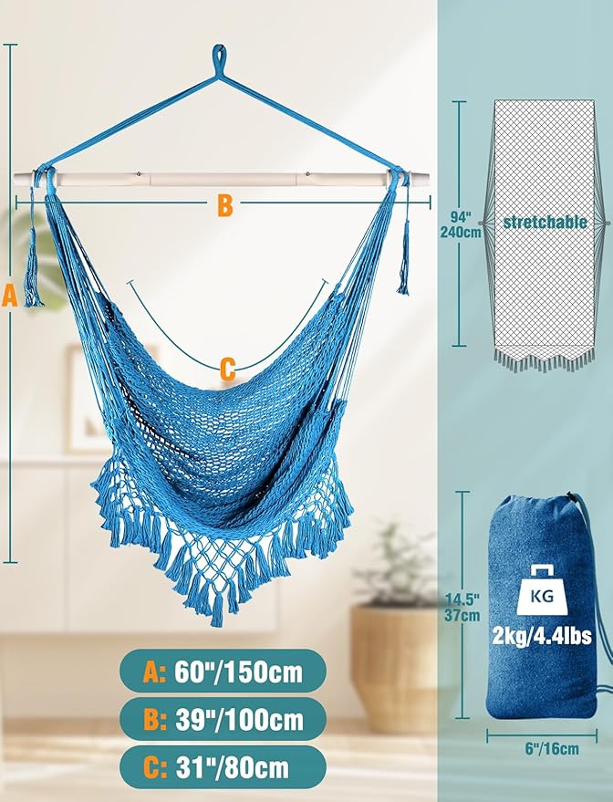 Chihee Hammock Chair Super Large Hanging Chair Soft-Spun Cotton Rope Weaving Chair, Collapsible Strong Metal Spreader Bar Wide Seat Lace Stretch Swing Chair Indoor Outdoor Garden Yard Theme Decoration Chihee