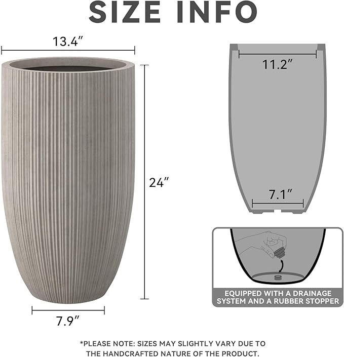 Kante 24 Inch Tall Round Concrete Planter, Large Indoor Outdoor Plant Pots with Drainage Hole and Rubber Plug, Modern Decorative Garden Pots for Home Patio Porch, Textured Weathered Concrete Kante