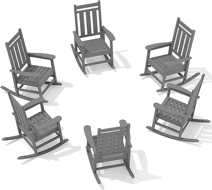 KINGYES Oversized Outdoor Rocking Chair Set of 6, All-Weather Patio Rocking Chairs for Porch, HDPE Outdoor Patio Rockers with High Back & Wide Seat for Garden, Lawn, Gray KINGYES