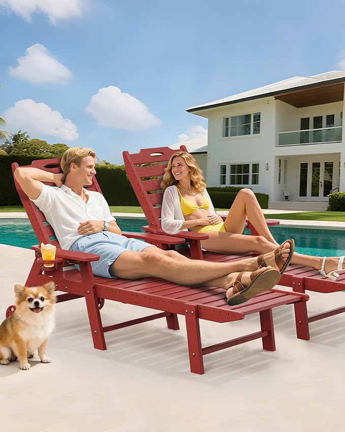Carauci Lounge Chair Outdoor Set of 4, HDPE Chaise Lounge with Wheels, 5-Position Adjustable Backrest & 2 Cup Holders Patio Lounge Chair, All-Weather Pool Sun Lounger for Poolside, Backyard, Red Carauci
