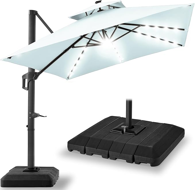 Best Choice Products 10x10ft Cantilever Patio Umbrella w/Base Included, Solar LED Lights 360 Rotation Large Offset Hanging Outdoor Shade for Deck Pool Backyard w/Stand – Baby Blue BestChoiceProducts