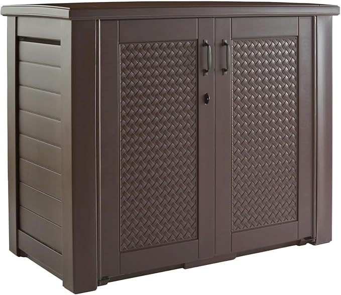 Rubbermaid Decorative Outdoor Storage Cabinet (123 Gal), Weather Resistant, Brown, Organization for Home/Backyard/Pool Chemicals/Toys/Garden Tools/Porch/Patio Cushions Rubbermaid