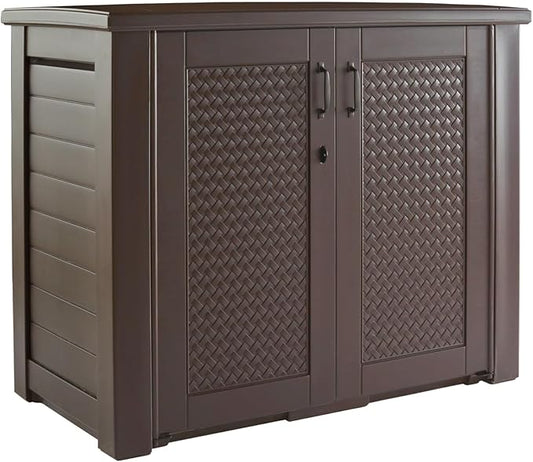Rubbermaid Decorative Outdoor Storage Cabinet (123 Gal), Weather Resistant, Brown, Organization for Home/Backyard/Pool Chemicals/Toys/Garden Tools/Porch/Patio Cushions Rubbermaid