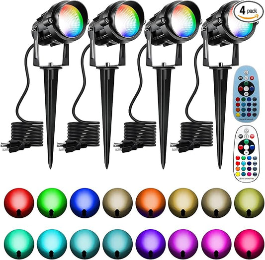 Christmas Spot Lights Outdoor Color Changing Landscape Spotlights,12W RGBW LED Outdoor Spot Lights for Yard Garden Decor,Waterproof 110V Plug in Landscape Lighting with Remote,4 Packs Qeeanmo