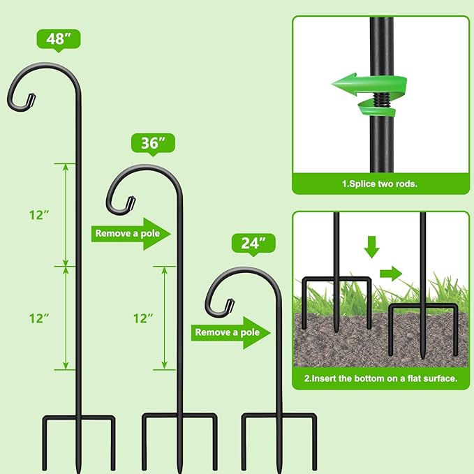 FEED GARDEN Adjustable 48 Inch Small Shepherd Hooks for Outdoor, Garden Hook for Lanterns, Shepard Hooks for Hanging Plants, Bird Feeders, Solar Lights, Mason Jars, Weddings Decor,2 Pack FEEDGARDEN