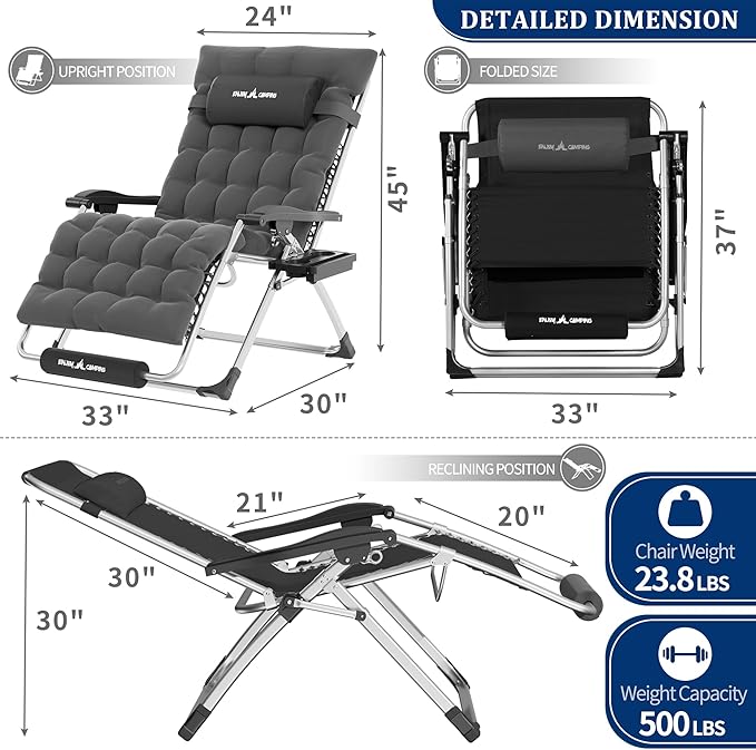 UDPATIO Oversized Zero Gravity Chair, 33In XXL Patio Reclining Chair with Cushion, Outdoor Folding Recliner with Pillows|Cup Holder|Foot Rest|Padded Headrest, Burgundy, Support 500LB UDPATIO