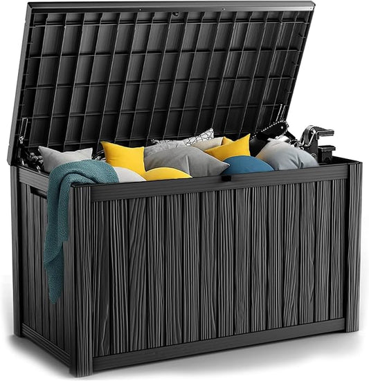 180 Gallon Resin Deck Box, Lockable Patio Outdoor Storage Box for Furniture, Garden Tools and Tools Storage, Waterproof Outside Storage Boxes - Black OutdoorLivingPerfected