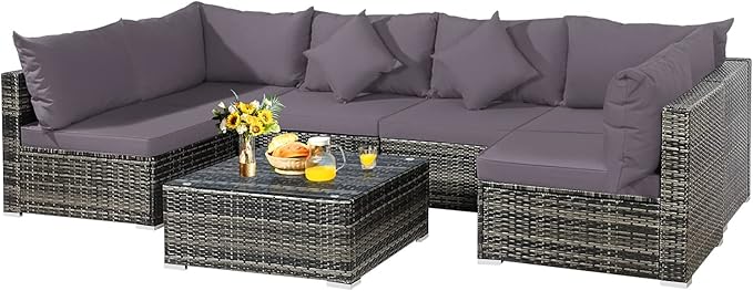 Tangkula 7 Pieces Wicker Patio Furniture Set, All-Weather Outdoor Rattan Sectional Sofa Set with Cushions & Tempered Glass Coffee Table, Outside Sofa Set for Garden, Lawn, Deck, Backyard (Grey) TANGKULA