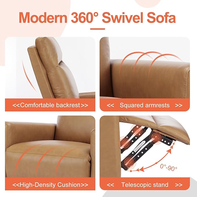 Sweetcrispy Recliner Chair, 360 Swivel Rocker Chair for Adults, Glider Rocker Recliners, Nursery Chairs for Living Room, High Back, Upholstered Deep Seat, Classical Brown Sweetcrispy