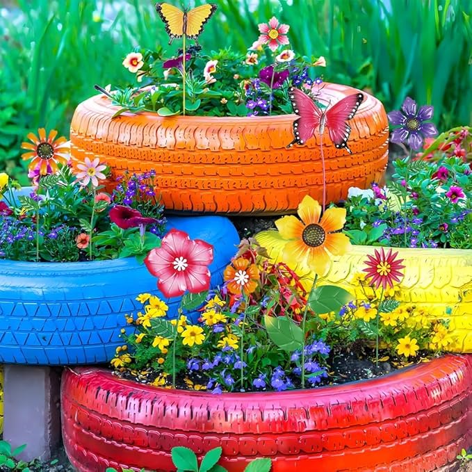 hogardeck Garden Decor for Outside, Set of 10 Metal Flowers Decorative Garden Stakes for Spring Decor, Yard Art Garden Decorations for Outdoor Lawn Porch Pathway (Multi-Color) (Color b) HOGARDECK