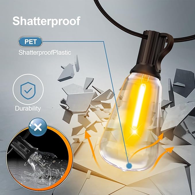Outdoor String Led Patio Lights - 150Ft 45M Outside Waterproof Light With Remote Dimmable ST38 Shatterproof Bulb Connectable Hanging Outdoor Electric Lighting For Backyard Yard Gazebo Porch Party MGVIH